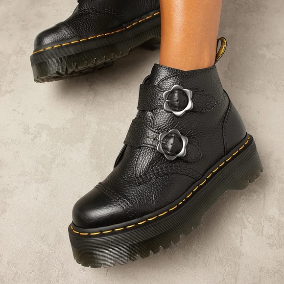 Dr. Martens Shoes - (Sold)Dr. Martens DEVON FLOWER BUCKLE MILLED NAPPA LEATHER PLATFORM BOOTS